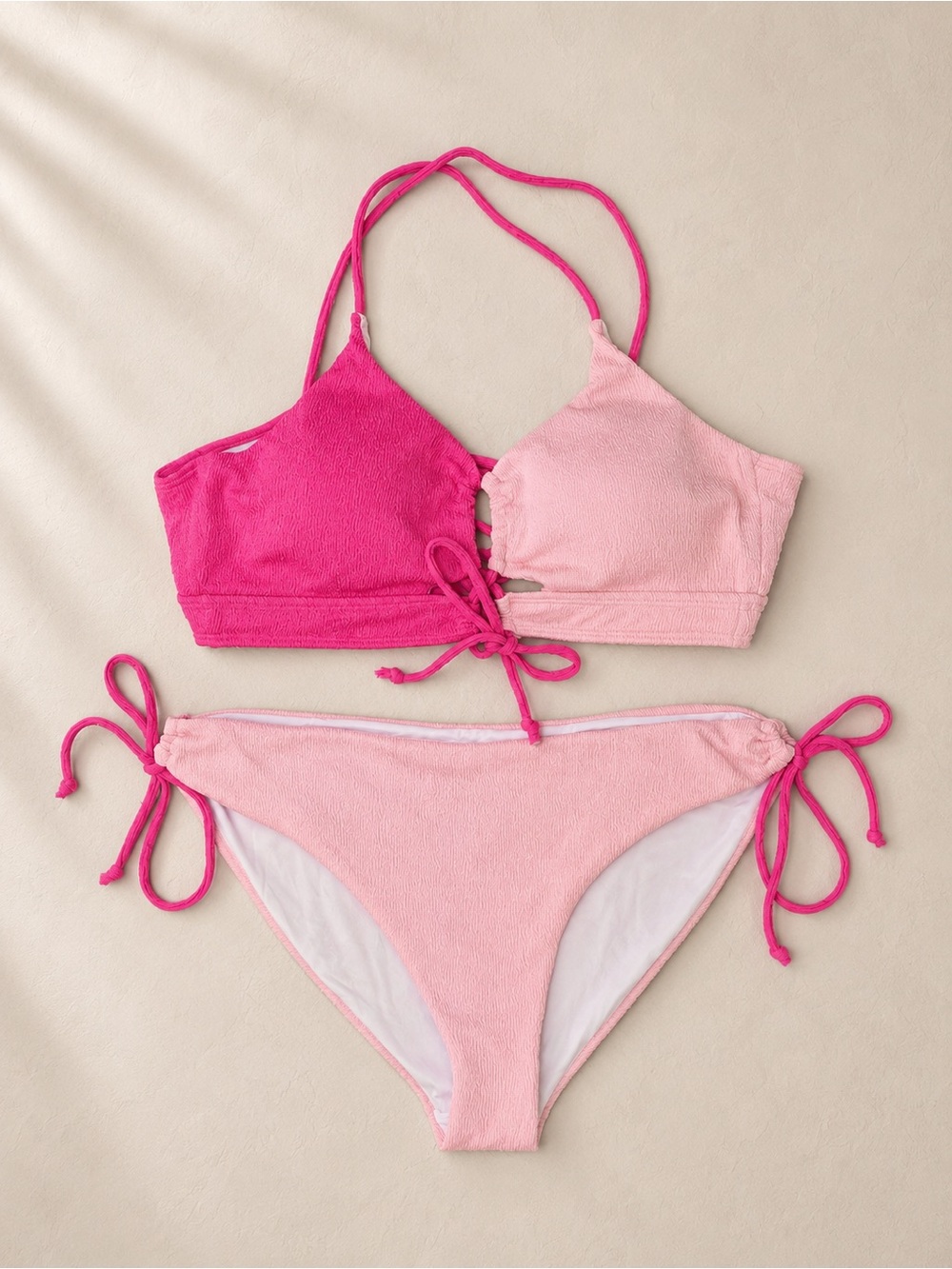 B2prity Two Tone Pink Bikini Set Textured Halter Tie Side Swimwear NWT - Picture 1 of 8